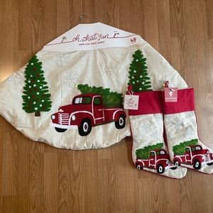 2 Light Up Christmas Stockings & Tree Skirt Embroidered Truck, Tree, Snowflake